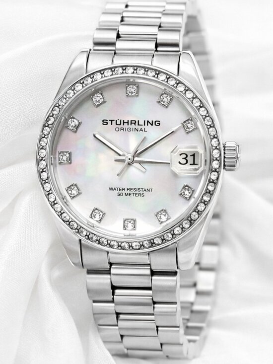 Accessories - Stührling Original Silver Crystal Bezel Watch | Mother of Pearl Dial | Date Wind